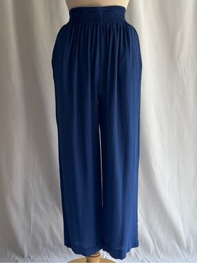 Vintage 1990s Sheer Cobalt Blue Crinkle Rayon Wide Leg Pants / 4